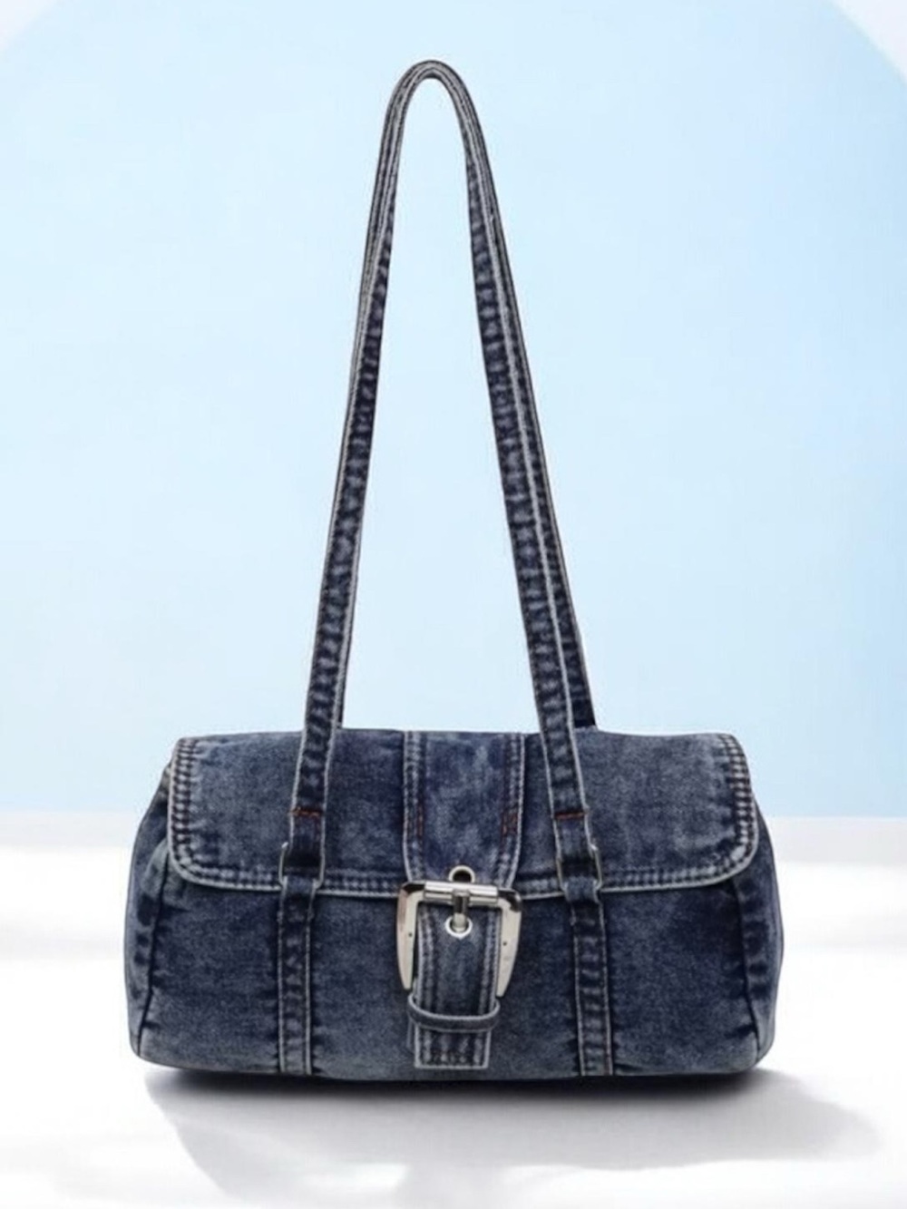 Denim Shoulder Bag with Buckle Strap - Blue